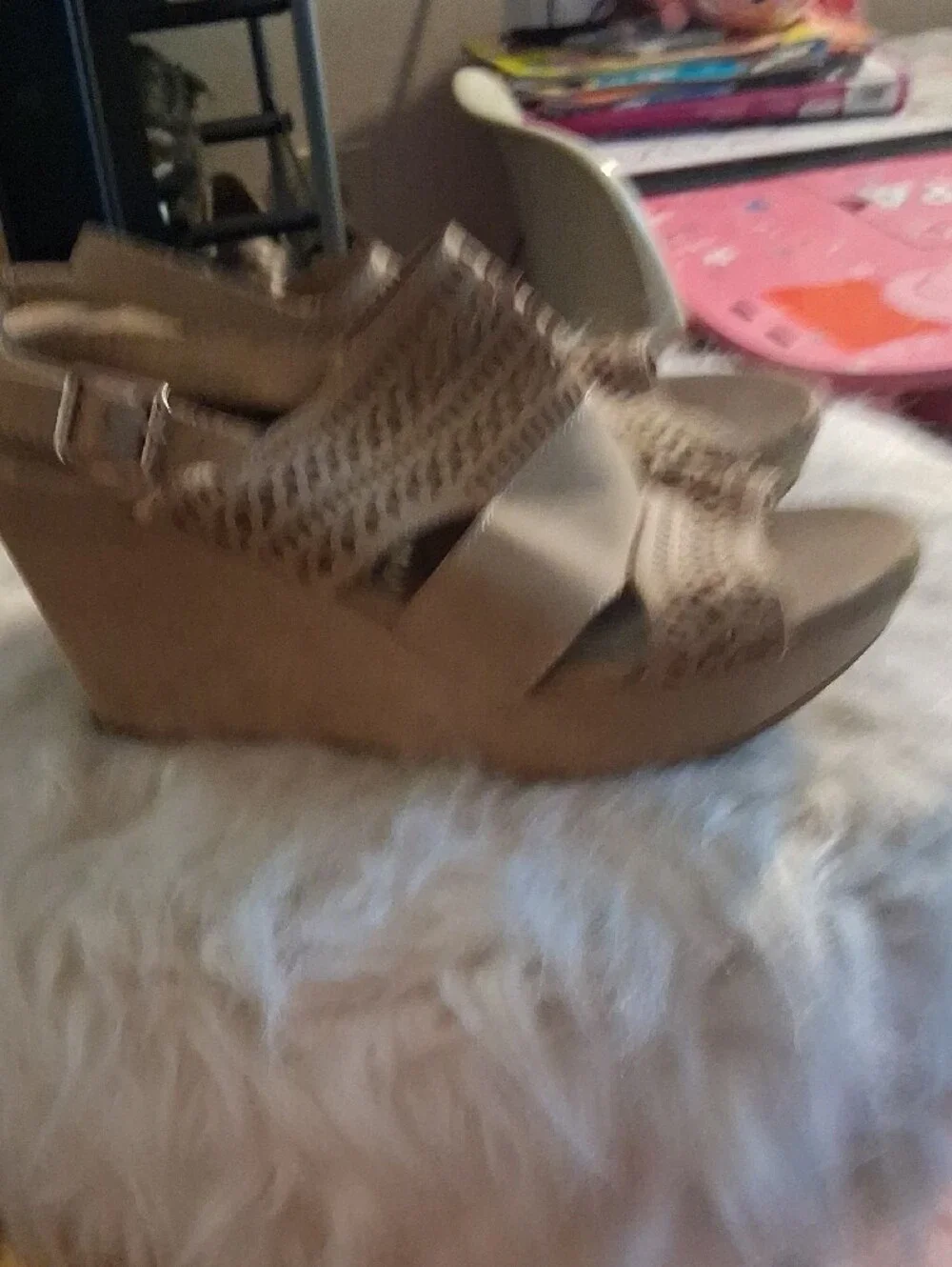 ROUGE!  Women’s Neutral Tan Wedge Sandals - Stylish Laser-Cut Straps SIZE 7